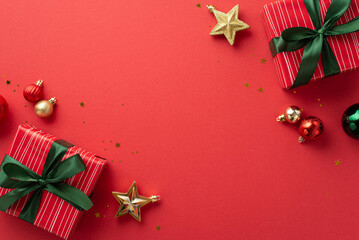 Christmas Day concept. Top view photo of green gold and red baubles star ornaments big gift boxes...