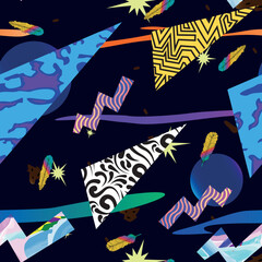 vector seamless pattern with multicolor geometric shapes on dark cosmic background