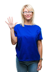 Young beautiful blonde woman wearing glasses over isolated background showing and pointing up with fingers number five while smiling confident and happy.