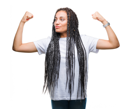 Young braided hair african american girl over isolated background showing arms muscles smiling proud. Fitness concept.