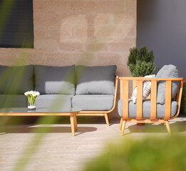 Sofa wood and residential fabric with cushion, modern
