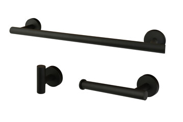 black bathroom accessories set, White background
