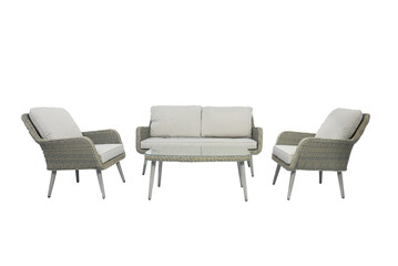 Rattan gray chairs and glass table outdoors,three seats, white background
