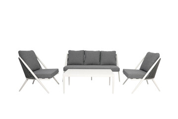 3 gray and white sofa and table made of metal in the yard and garden,gray pillow, white background
