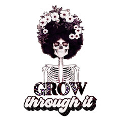 Rust Grow Through It Floral Afro Skeleton Sublimation Design Vintage Halloween African American Motivational Inspirational Quote and Illustration with Leopard Skin Text