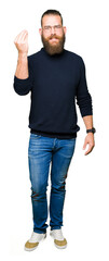 Young blond man wearing glasses and turtleneck sweater Doing Italian gesture with hand and fingers confident expression