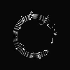 Music background doodle notes as round frame. Vector illustration with melody symbols, musical notes, treble clef in white on black background for design decoration