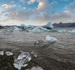 Jokulsarlon glacial lake, lagoon with ice blocks, Iceland. Situated near the edge of the Atlantic...