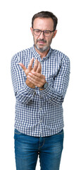 Handsome middle age elegant senior man wearing glasses over isolated background Suffering pain on...
