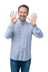 Handsome middle age elegant senior man over isolated background showing and pointing up with fingers number ten while smiling confident and happy.