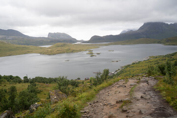 landscape view of the fiords in Lofoten, Norway in a cloudy day