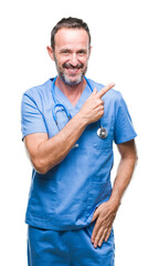 Middle age hoary senior doctor man wearing medical uniform over isolated background cheerful with a...