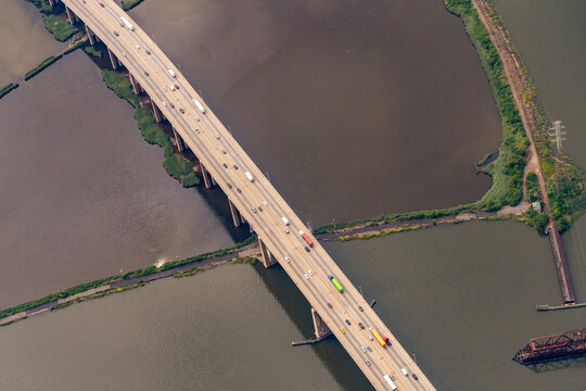 Overhead View Of The Bridges Of The New Jersey Turnpike Over The Swamps Of The Meadowlands In Northern New Jersey.
