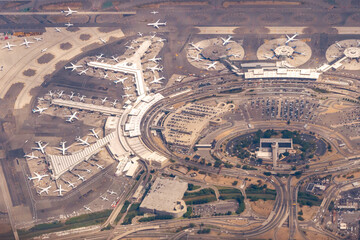 Aerial view of Newark liberty Airport showing planes and different terminals