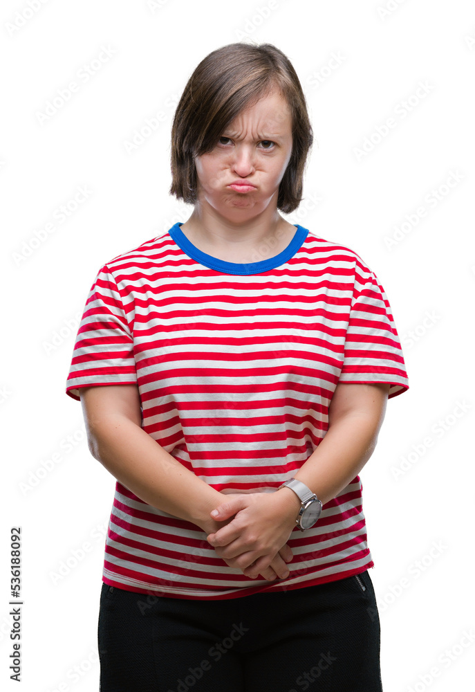 Sticker young adult woman with down syndrome over isolated background depressed and worry for distress, cryi