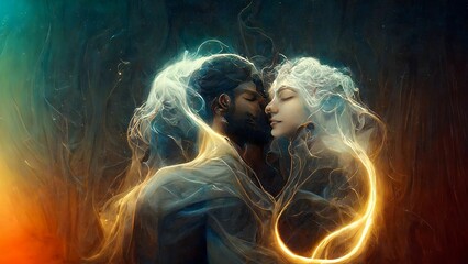 Soulmates embracing in an ethereal energy - obrazy, fototapety, plakaty