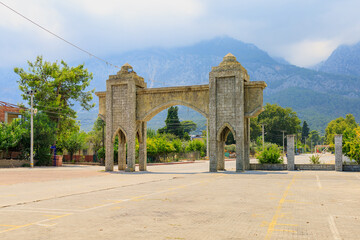 Turkish city gate in classical Islamic architecture style. Background with copy space.