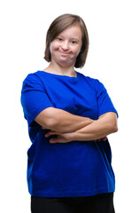 Young adult woman with down syndrome over isolated background happy face smiling with crossed arms...