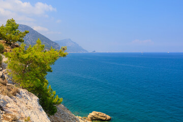 Very beautiful rocky Turkish Mediterranean coast in Beldibi district of Kemer, Antalya province in Turkey