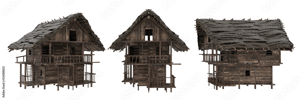 Poster 3 views of a medieval house built of wood. 3D rendering isolated.