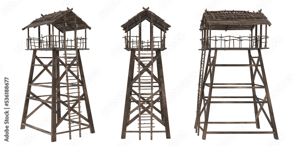 Poster medieval wooden look out tower. 3d rendering isolated.