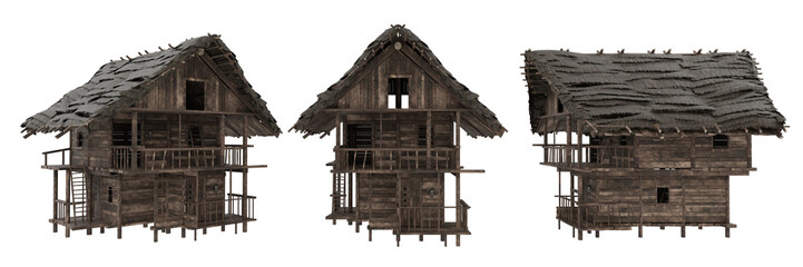 Fototapeta na wymiar 3 views of a medieval house built of wood. 3D rendering isolated.