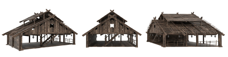 Fototapeta na wymiar 3 views of an old medieval wooden barn building. 3D illustration isolated.