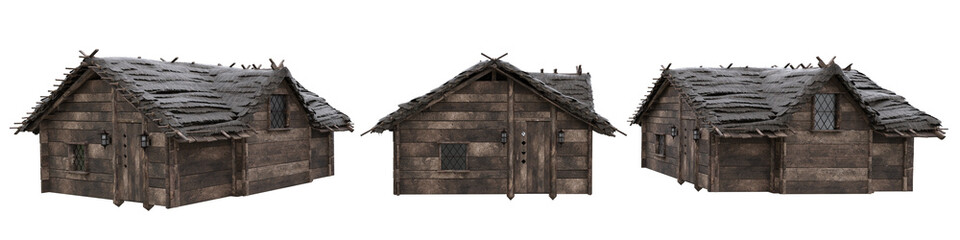 Medieval wooden house seen from 3 angles. 3D illustration isolated.