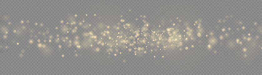Blur yellow sparks and glitter special light effect. Fine, shiny bokeh dust particles fall off slightly. Defocused golden sparkle, stars and blurry spots. Magical gold flickering lights. Vector.