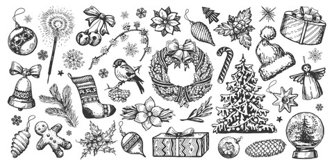Christmas concept. Design elements hand drawn in sketch vintage style. Holiday decorations engraving vector illustration © ~ Bitter ~