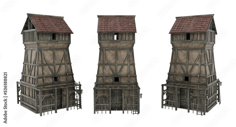 Poster Square medieval look out tower with view platform at top. 3D rendering with 3 views isolated.
