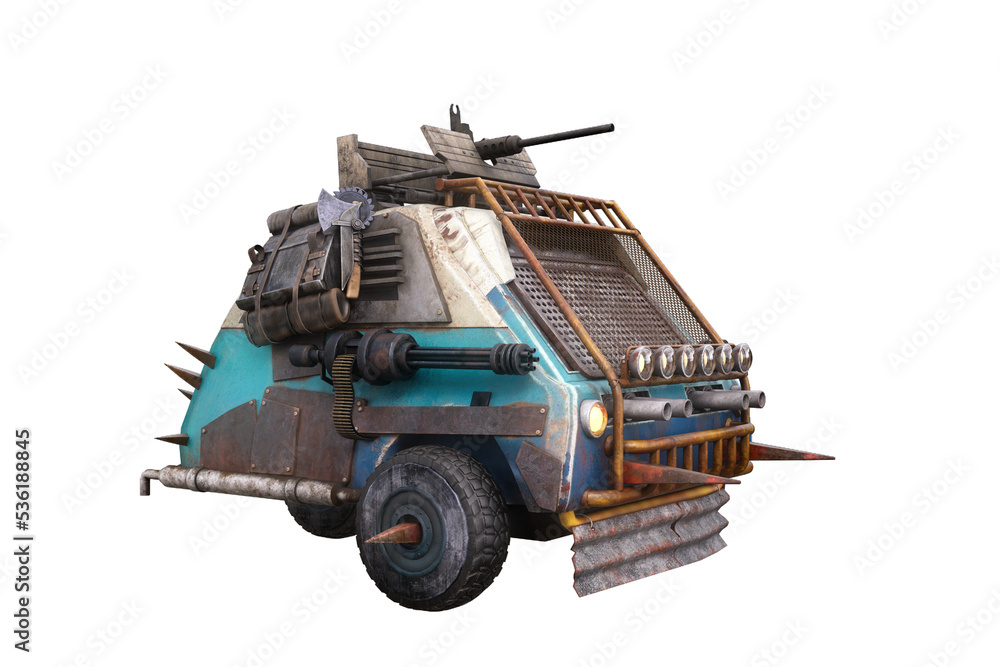 Poster small fantasy post apocalyptic 3 wheeler car armed with guns. 3d rendering isolated.