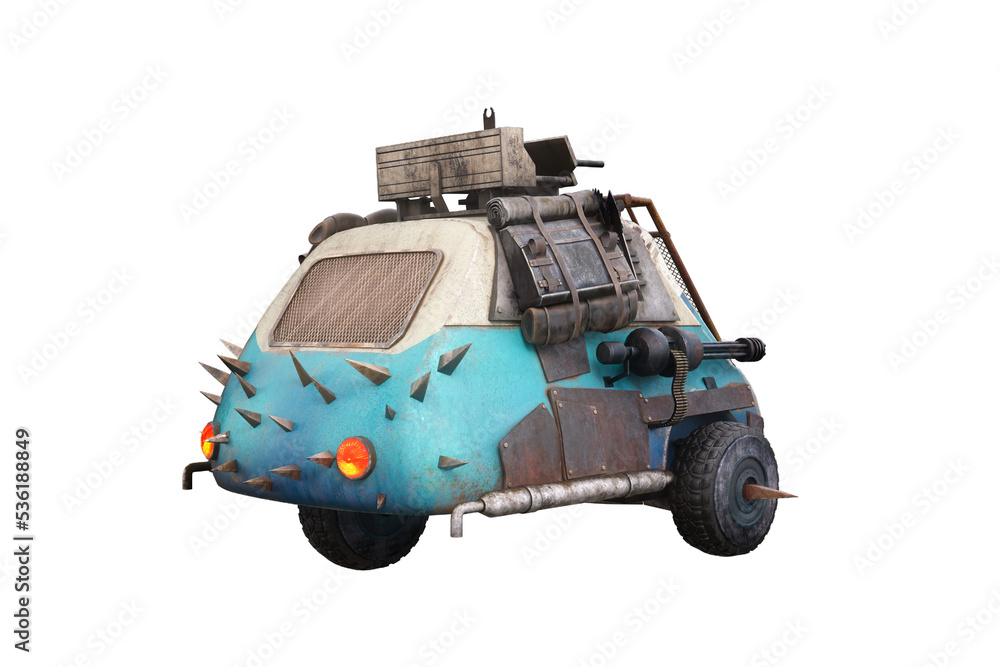 Poster rear perspective view of a fantasy post apocalypse vehice with 3 wheels and armed with guns. 3d illu