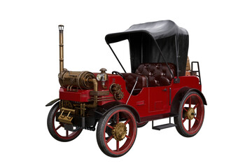 Red steampunk styled steam powered vintage motor car. 3D rendering isolated.