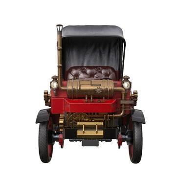 Front View Of A Fantasy Steampunk Car Powered By Steam Engine. 3D Illustration Isolated.