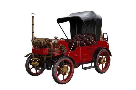 Red Steampunk Styled Steam Powered Vintage Motor Car. 3D Rendering Isolated.