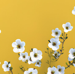 White flowers on yellow spring background 3D Rendering, Spring design, site banner