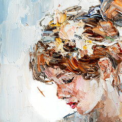 Beautiful pensive young girl with flower in her hair. Created in expressive manner and light colors, palette knife technique of oil painting and brush.