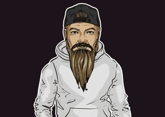 man with beard and cap, white hoodie and shirt in vector art, comic style