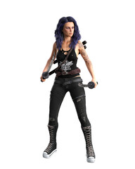 Pretty urban fantasy girl with purple hair and goth style outfit standing with two swords. 3D illuminated isolated.