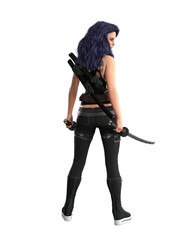 Young goth urban fantasy woman with purple hair standing facing away with swords in hands. 3D rendering isolated.
