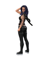 Gorgeous goth girl with tattoos and purple hair standing and looking back at the camera. 3D illustration isolated.