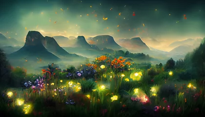 Zelfklevend Fotobehang forest grass mountains and flowers illustration © Demencial Studies
