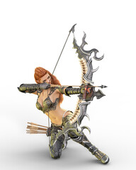 Elven archer fantasy female character kneeling and shooting an arrow from her bow. 3D rendering isolated. © IG Digital Arts