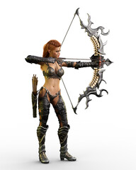 Fantasy female elven archer standing and aiming an arrow with her bow. 3D illustration isolated.