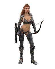 Pretty fantasy elf archer girl with red hair wearing a sexy costume and holding a bow. 3D illustration isolated.