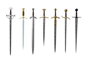 Collection of medieval fantasy swords. 3D rendering isolated.