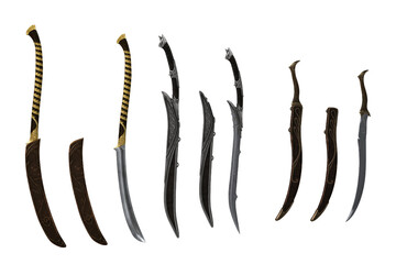Set of 3 fantasy elven swords with scabbards. 3D illustration isolated. © IG Digital Arts