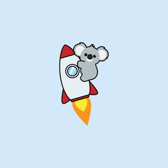 Cute koala riding rocket cartoon, vector illustration