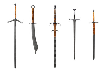 5 fantasy medieval swords. 3D rendering isolated on white.